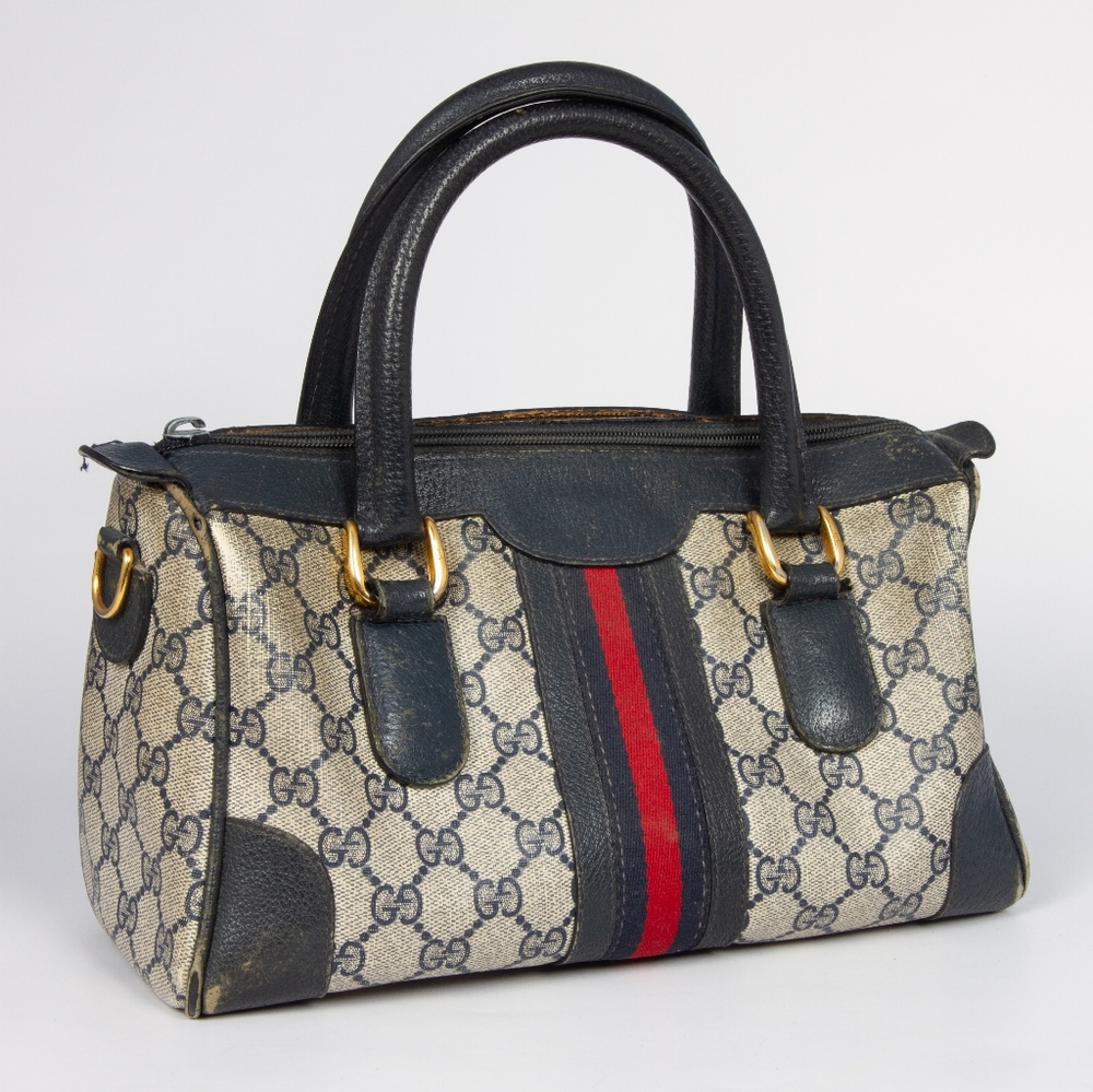 Vintage 1970? Gucci Monogram Canvas Bag Boston Model Blue Purse